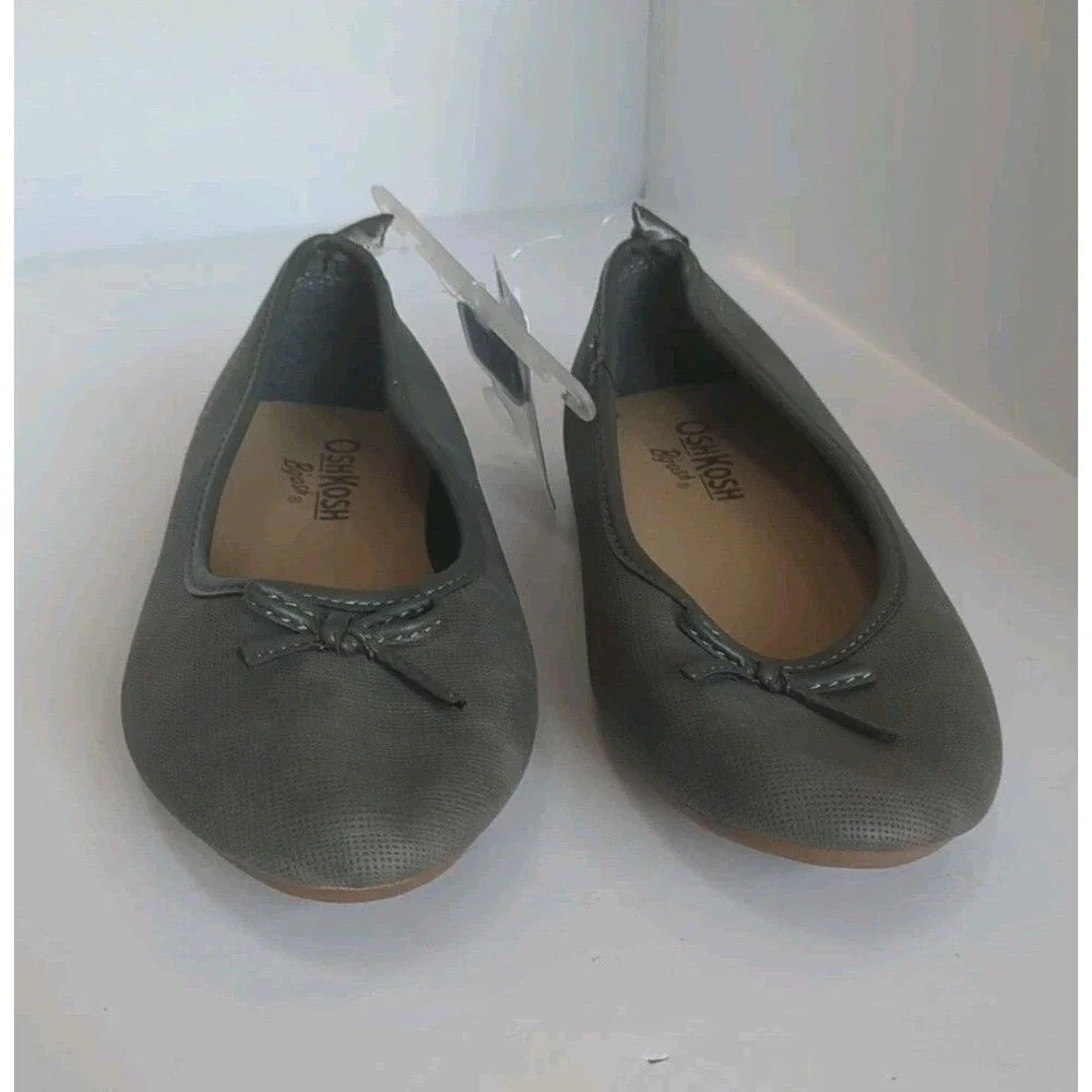 NWT Oshkosh Ballerina Flats Girls 1M Dress Sandals Bow Slip On Dark Grey NEW